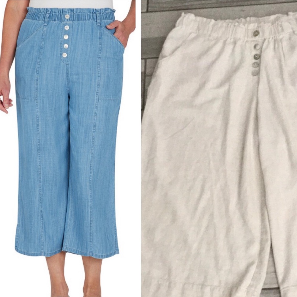 RUBY RD Women Rayon-Linen Crop Wide Leg Elastic Waist Button Front Pull-…